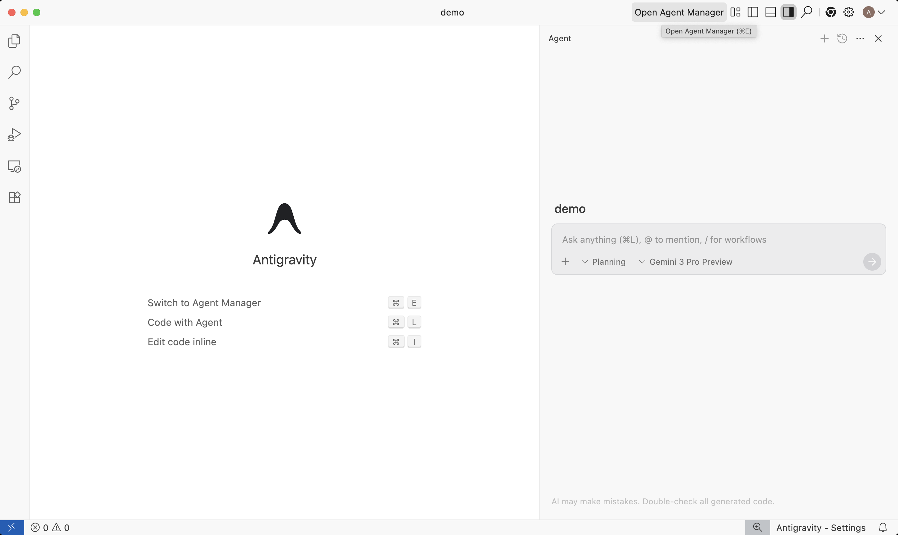Google Antigravity의 Agent Manager 화면