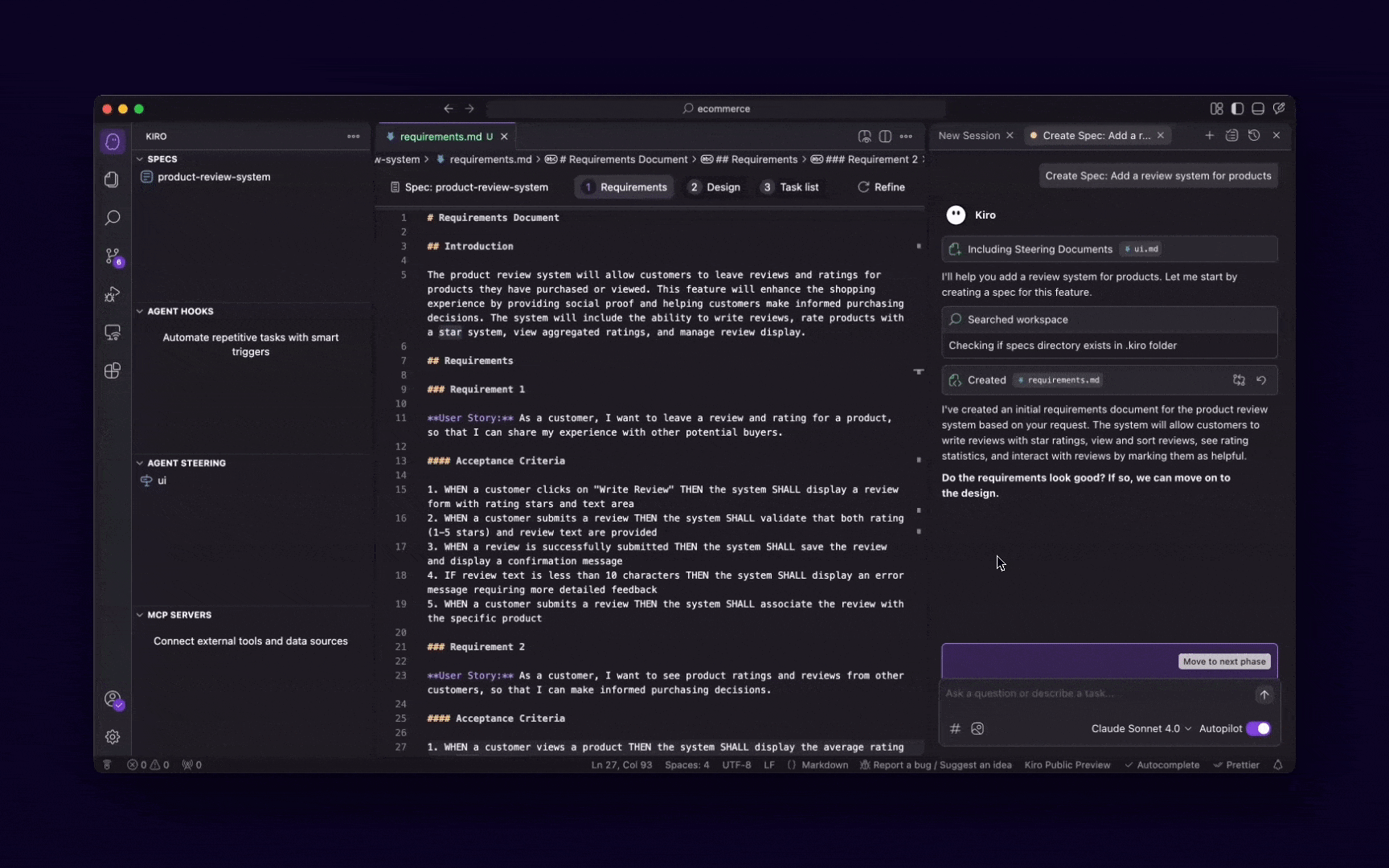 Kiro의 Spec 기반 개발 워크플로우: 요구사항 → 설계 문서 → 태스크 분해